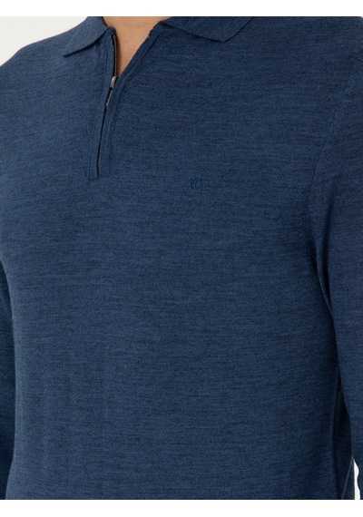 Cacharel İndigo Regular Fit Yün Karışımlı Fermuarlı Polo Yaka Basic Triko Kazak Mavi