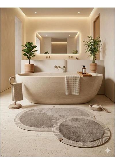 Kaymaz Taban Peluş Banyo Paspası Seti Kahverengi Rengi Jüt Kenar Detaylı 2'li Oval Yuvarlak 100x60 60x60 Kahverengi - Krem