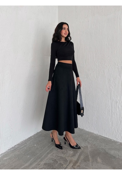 Ozy Fashion Kadın Süet Kloş Etek Siyah