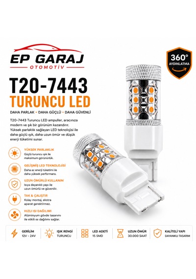 Üniversal T20-7443 Turuncu Led Ampul Güçlü Sinyal Ve Şık Görünüm 0