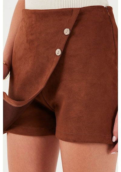 Lela Asimetrik Kışlık Scuba Süet Düğme Detaylı Slim Fit Bayan Şort Etek 5865968 Taba