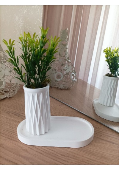 Mini Desenli Beton Saksı Tekli Ve Oval Tabak - Yapay Çiçek Hediyeli - Yeşil