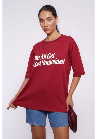 Bordo Baskılı Oversize Tişört Mg1532