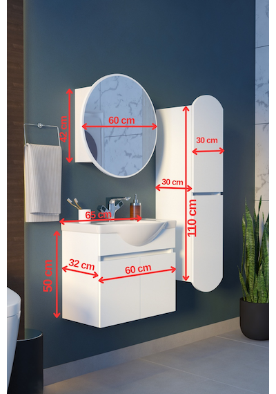 Makbulce Erciyes Havlu Dolaplı 65cm Seramik Lavabolu Mdf Oval Aynalı Banyo Dolabı Beyaz