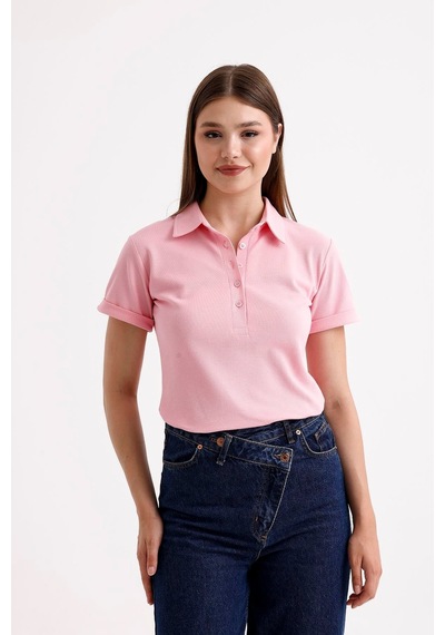 Sweetness Kadın Pembe Gömlek Yaka Kısa Kol Pamuklu Tişört Pembe
