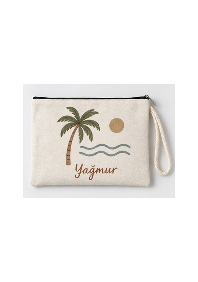Kişiye Özel Palmiye Ve Deniz Baskılı Fermuarlı Makyaj Çantası Bozuk Para Cüzdanı Clutch
