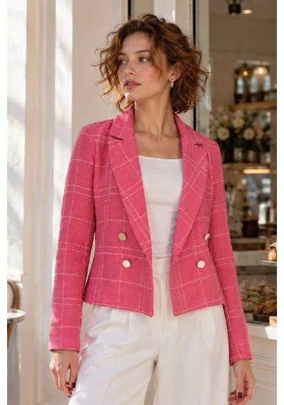 Armonika Kadın Fuşya-bej Kruvaze Yaka Tüvit Crop Ceket Arm-24k001014