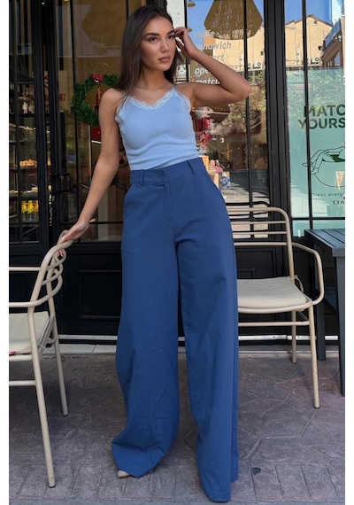 Madmext İndigo Yüksek Bel Keten Wide Leg Pantolon Mg2718