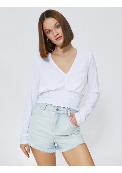 Koton Gipeli Crop Bluz V Yaka Uzun Kollu Beyaz 3sak80105ek