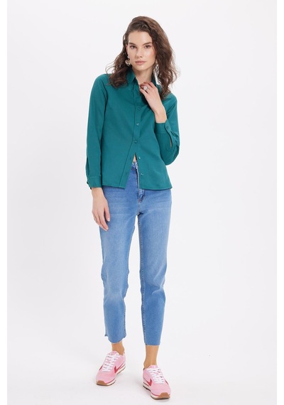Tudors Kadın Slim Fit Dar Kesim Uzun Kollu Pamuklu Vücuda Oturan Dokulu Yeşil Basic Gömlek-38817