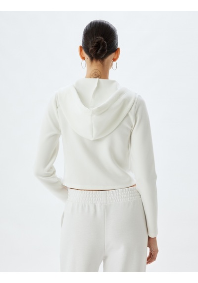 Koton Kapüşonlu Crop Sweatshirt Basic Fermuarlı Viskon Ekru 5wak10070ek Ekru