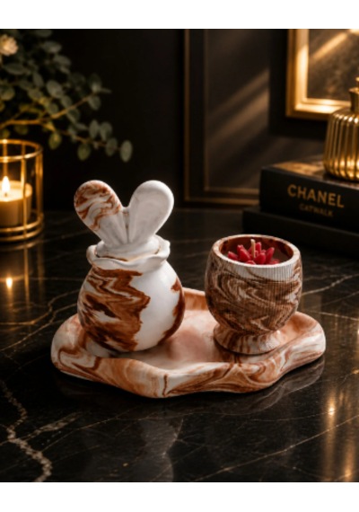 Premium Mermer Desenli Dekoratif Set Lüks Ve Modern Tasarım Açık Kahverengi