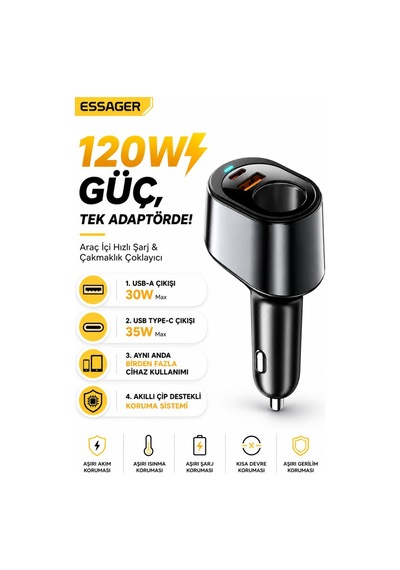 Essager 120w Süper Hızlı Araç Şarj Cihazı 35w Type-c + 30w Usb Hızlı Şarj Ve 85w Çakmaklık Çoklayıcı