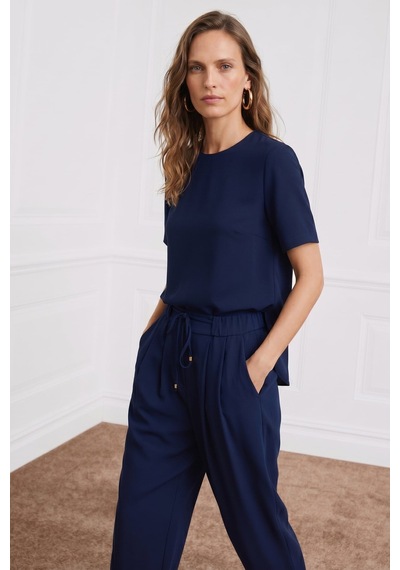 Sateen Kısa Kollu Bluz - Lacivert-137408