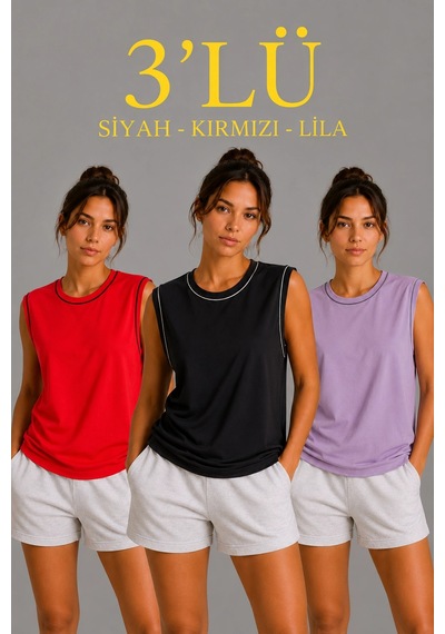 Novalisse Kadın 3 Lü Kolsuz Sporcu Atlet Seti Yazlık Bisiklet Yaka - Siyah, Kırmızı, Lila Çoklu Renk