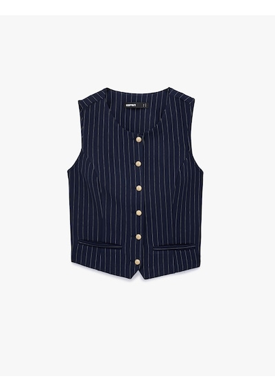 Koton Slim Fit Düğmeli Bisiklet Yaka Çizgili Yelek Beyaz Çizgili 7wak30012ek