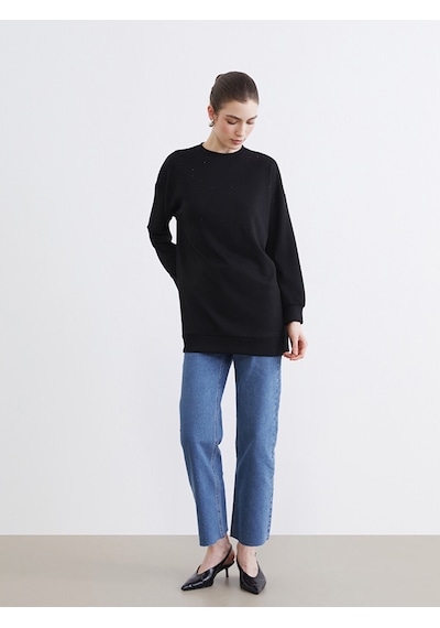 Lcw Modest Siyah Bisiklet Yaka Taşlı Kadın Sweatshirt Tunik