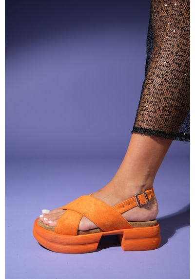 Luvishoes Luvi Shoes Lungo Turuncu Süet Çapraz Bantlı Kalın Tabanlı Kadın Sandalet Turuncu
