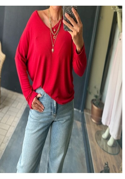 Mirve Butik V Yaka Yumoş Merserize Bluz Kırmızı