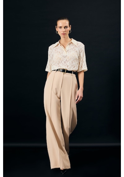 Sateen Kemer Detaylı Pantolon - Bej-137346