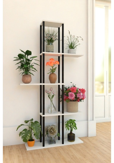 5 Raflı Dekoratif Bitki Standı Sökülebilir Kolay Kurulum Saksı Rafı Salon Balkon Çiçeklik Organizer Beyaz