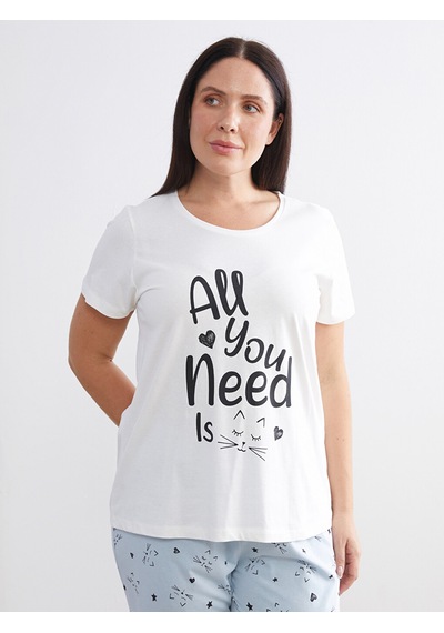 Lcw Dream Mavi Büyük Beden Bisiklet Yaka Baskılı Kadın Pijama Takımı