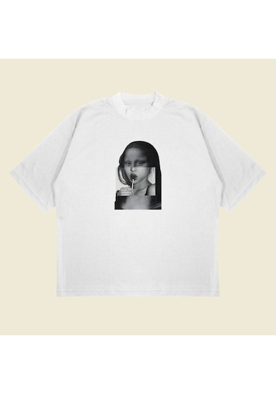 Tarzsokak Glitch Lisa Baskılı Oversize Unisex Pamuklu Nefes Alan Kalın Kumaşlı Beyaz