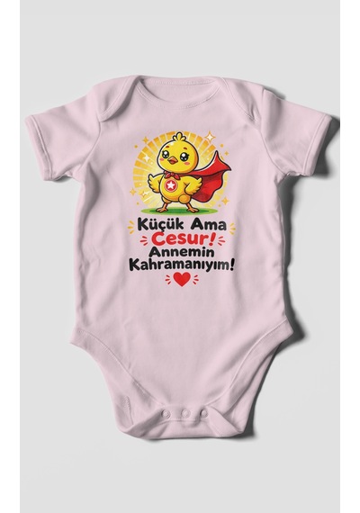 Morivokids Küçük Ama Cesur Annemin Kahramanıyım Kısa Kollu Bebek Body %100 Pamuk Bebe Pembe