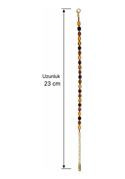 Kehribar Bileklik Hematit Ara Boncuklu Çelik Uzatma Zincirli Doğal Taş Bileklik Kahverengi