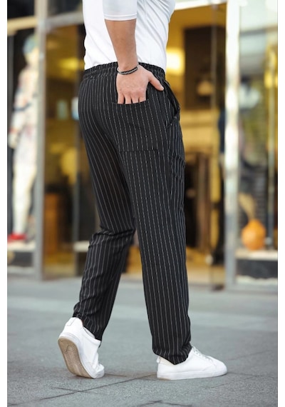 Efnaz Style Erkek Cizgili Dokuma Krep Jogger Buggy Pantalon Rahat Kalıp - Siyah