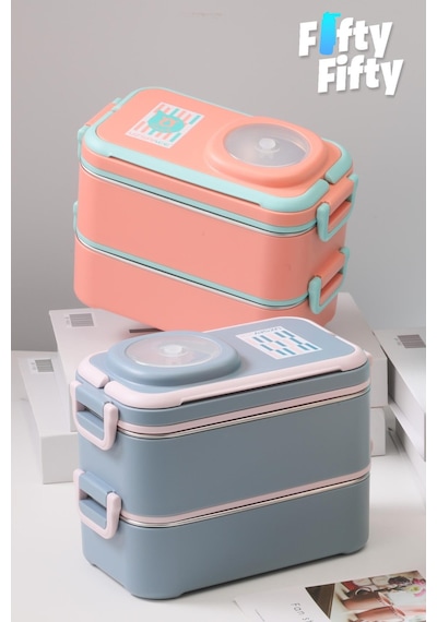 Uzspace 1200 Ml İki Kat Dört Bölme Paslanmaz Çelik Lunch Box Yeni Nesil Sefer Tası-sos Kaseli Model-fflbox8023 Lacivert