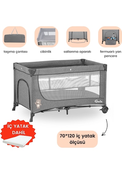 Gulz Lindo Oyun Parkı Bebek Beşik 70x120 Cm + YAYATKLI Gray
