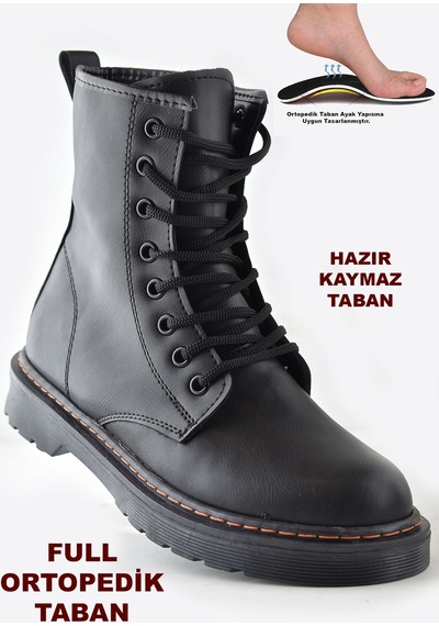 733 Günlük Bağcıklı Fermuarlı Kadın Bot Ayakkabı Postal Çizme Bayan Bot Siyah