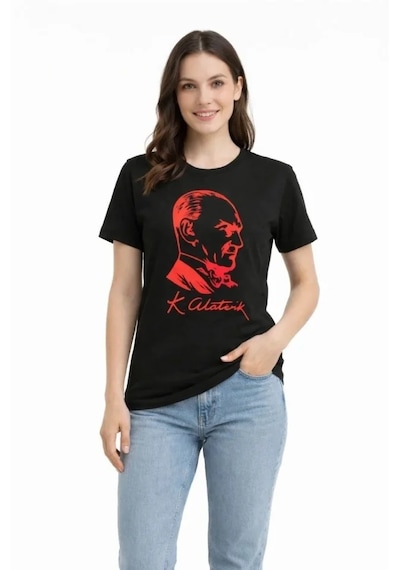 De'charme Atatürk Baskılı Tişört Kısa Kollu Bisiklet Yaka T-shirt - Siyah