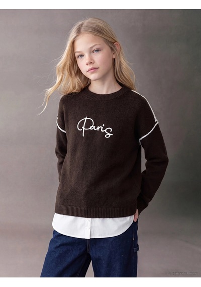 LC Waikiki Lcw Kids Kahverengi Paris Nakışlı Kız Çocuk Triko Kazak Chocolate Brown