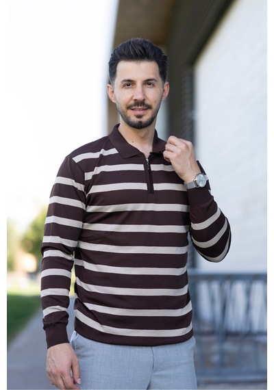 Hk Premium Kazak Fermuarlı Polo Yaka Çizgili Triko Sweatshirt Kahverengi