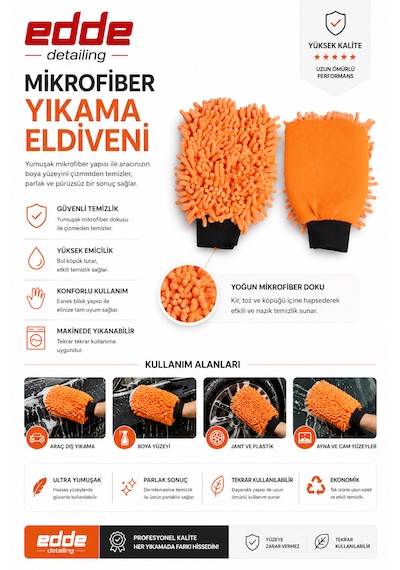 Edde Araba Araç Oto Mikrofiber Oto Yıkama Eldiveni Makarna Şönil Eldiven Oto Detailing