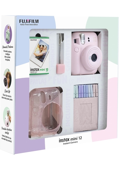 Fujifilm Instax Mini 12 Fotoğraf Makinesi + 10'lu Film + Simli Pleksi Kılıf + Mandal + Kıskaçlı Standı Pembe