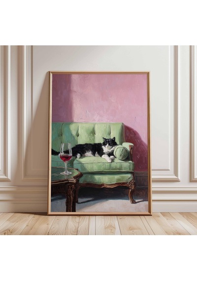 Kanepede Kedi Duvar Sanatı Posteri Vintage Salon Sahnesi Baskısı Siyah Beyaz Şaraplı Kedi Çerçevesiz Tablo Tarzı Sanat Eseri Rahat Ev Dekorasyonu İçin