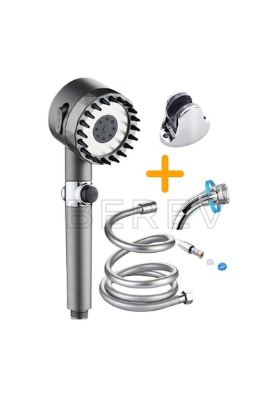 Berev 3 Fonksiyonlu Start Stop Tuşlu Filtreli Basınçlı Masaj Etkili Duş Başlığı Krom Pvc Hortum Ve Mafsal Set Siyah - Krom