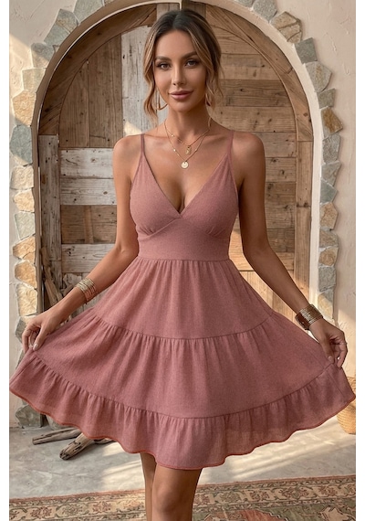 Bella Notte Gül Kurusu Sırt Dekolteli V Yaka Yazlık Elbise Pembe