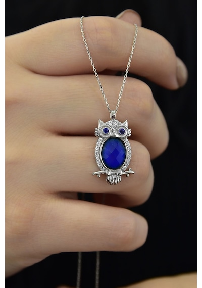 Papatya Silver 925 Ayar Gümüş Rodyum Kaplama Lacivert Göz His Taşı Baykuş Kolye