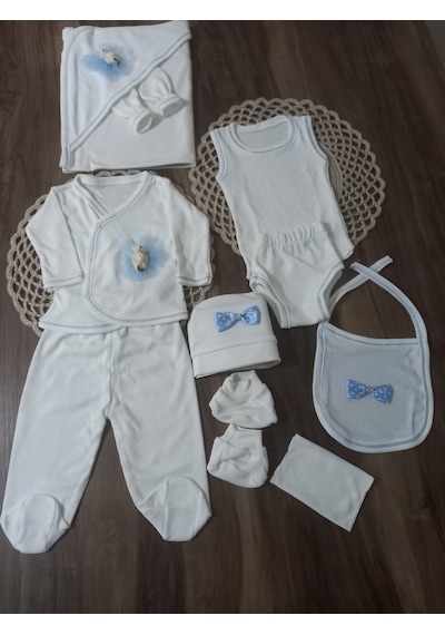 Petite Ponponbaby 10 Lu Hastane Çıkışı Seti Ayıcık Baskılı Mavi Beyaz - Mavi