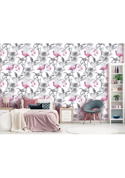 Flamingolar Ve Tropikal Yapraklar Duvar Kağıdı (459076839)