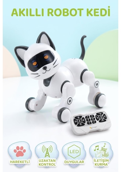 Akıllı Robot Kedi Zeka Dolu Eğitici Uzaktan Kumandalı Sesli Ve Hareketli Oyuncak Kedi Beyaz