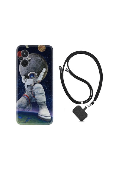 Xiaomi Poco M5 Kılıf İpli Boyun Askılı Desenli Silikon Astronot ve Dünya 1759