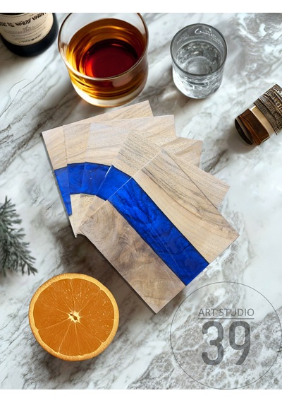 Ceviz & Mavi River Epoksi Bardak Altlığı Seti 6 Lı, El Yapımı Ceviz Ahşap, 12x12 Cm, Modern & Şık Tasarım Mavi