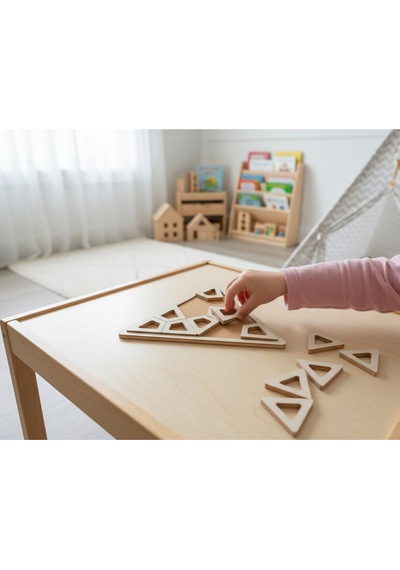Montessori Eğitici Geometrik Puzzle Oyunu - El Yapımı Yapboz Puzzle Seti Gri Üçgen