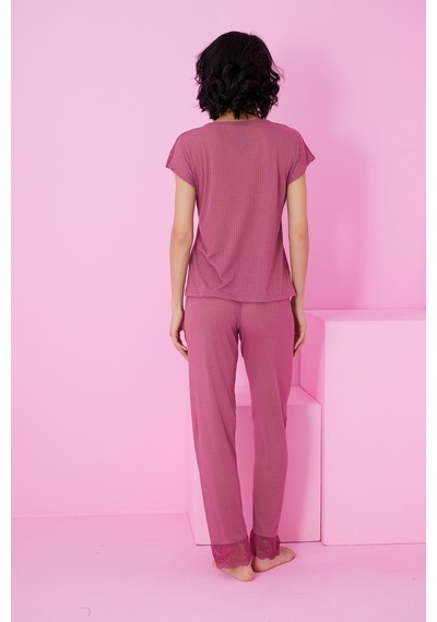 Siyah İnci Soft Touch İnce Mevsimlik Dantel Detaylı Örme Pijama Takım7864 Vişne