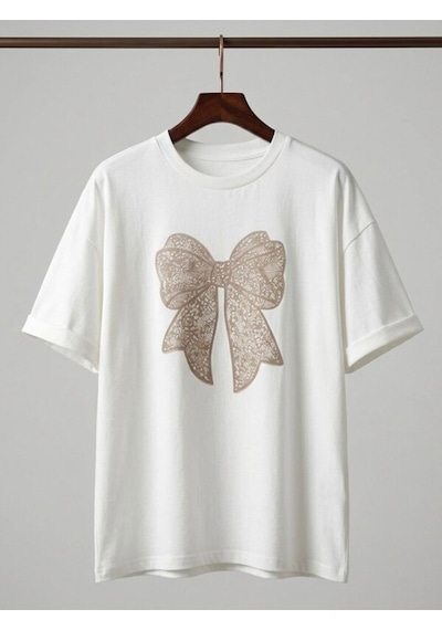 Kadın Beyaz Oversize Fiyonk Baskı Detaylı Kpmpak T-shirt Bej
